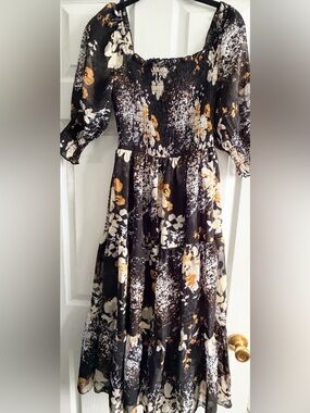 Baltic Born Black Floral Maxi Dress with Cream & Gold Accents